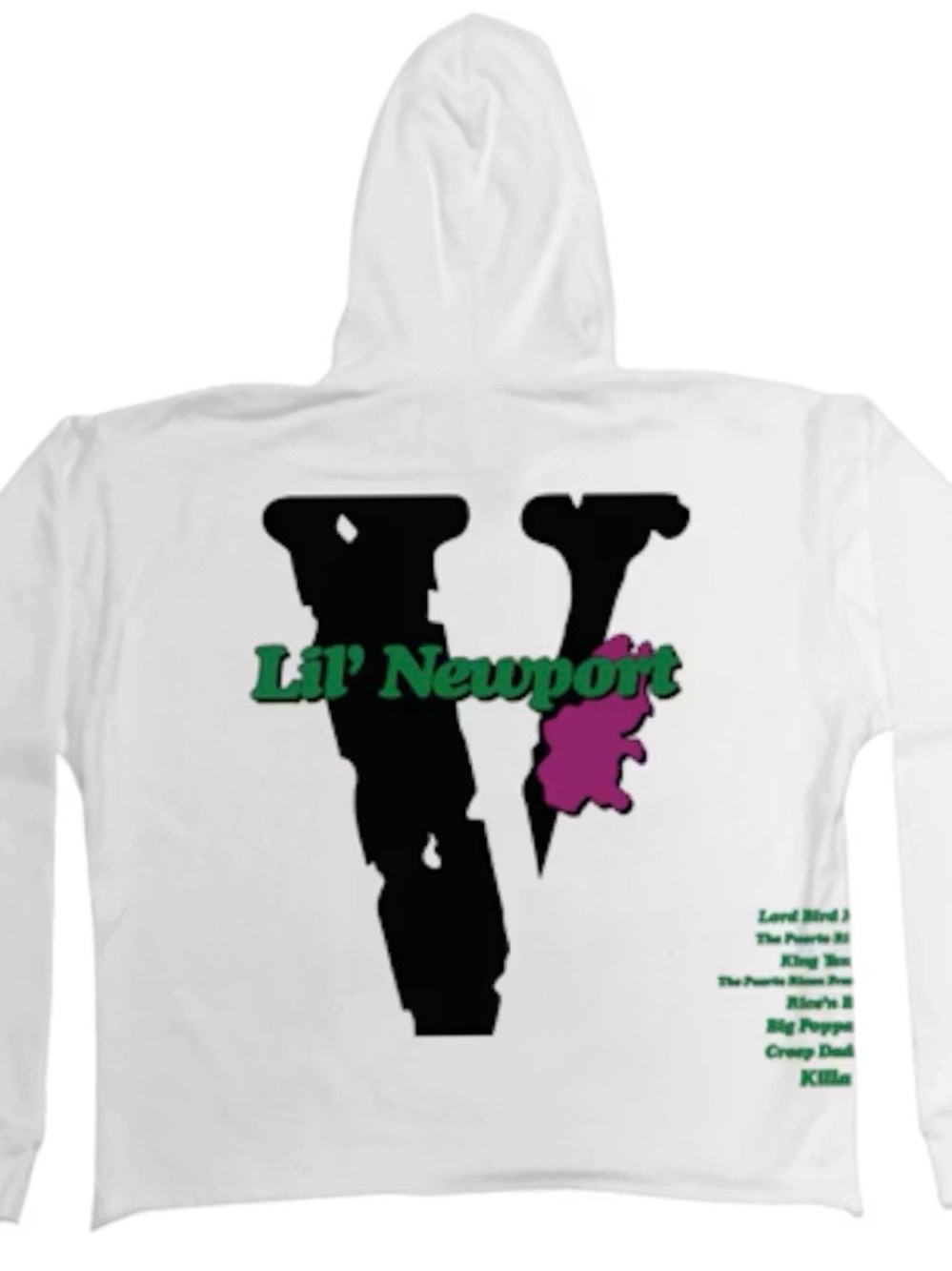 VLONE White Hoodie with Black 'V' and Green Lil' Newport Text